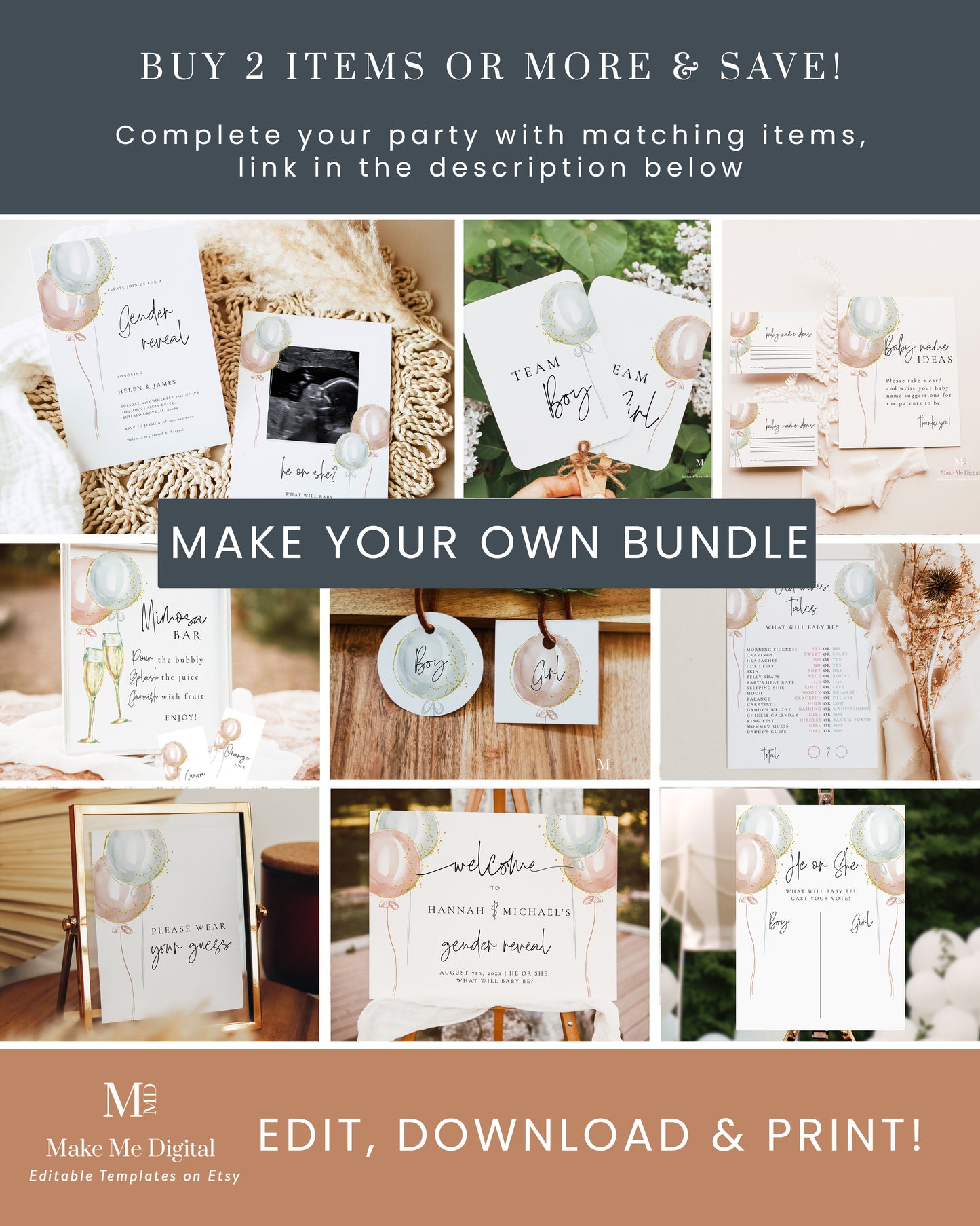 Pink & Blue TWINS Balloon Gender Reveal Invitation template