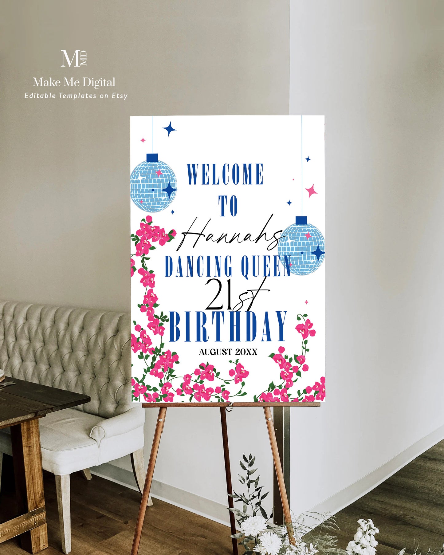 21st Birthday Dancing Queen Welcome Sign & Mediterranean Blue Tile template