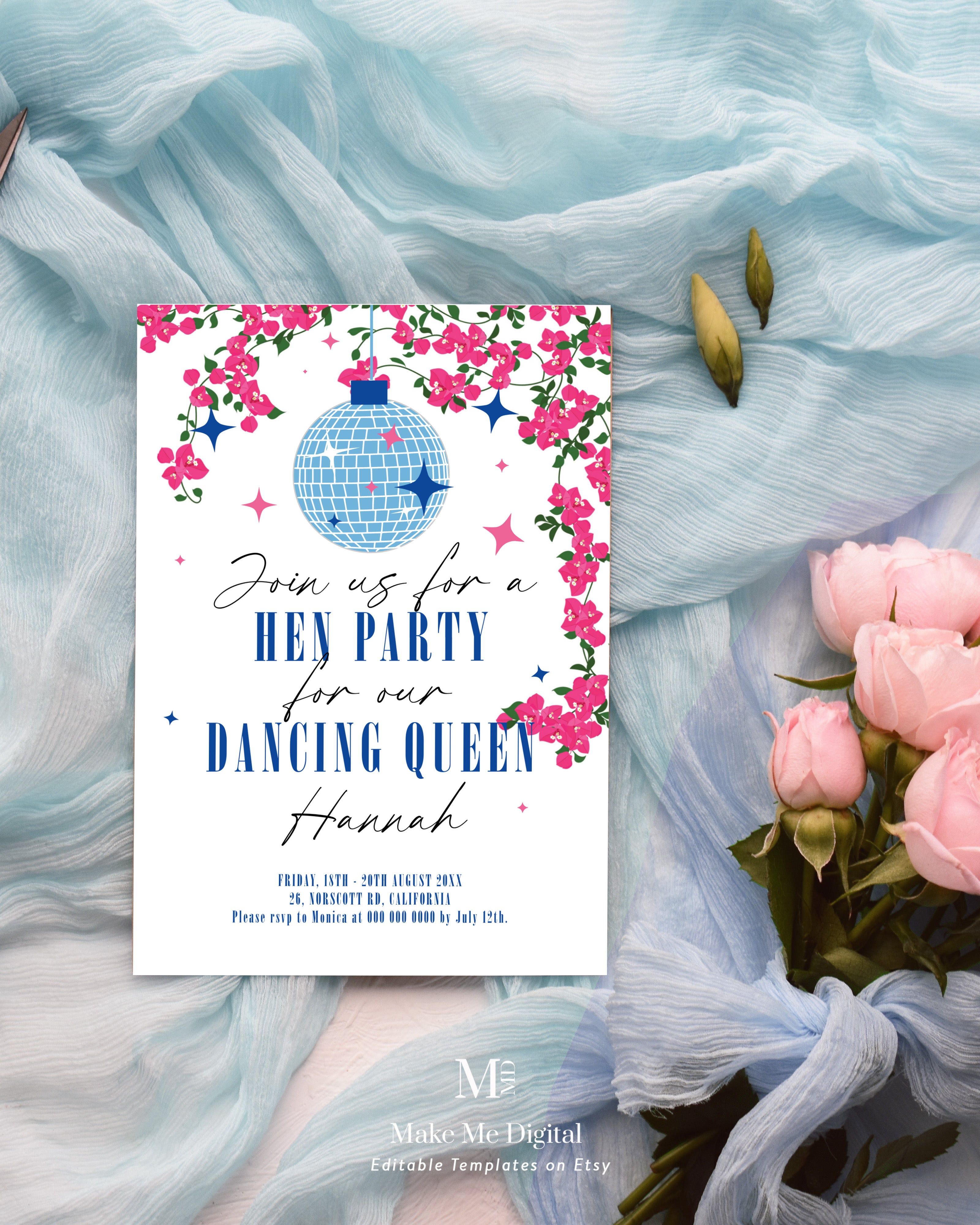 Dancing Queen Mamma Mia Hen Party Invitation template – Make Me Digital:  printable event invitations, party games & decor
