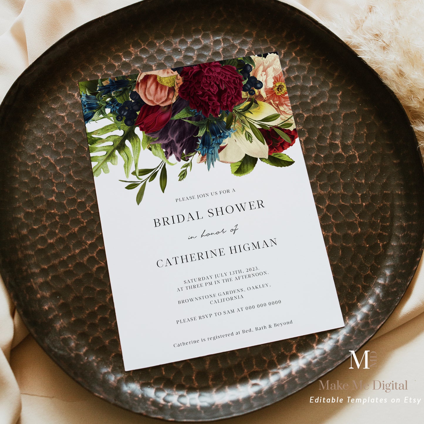 Burgundy Floral Bridal Shower Invitation - Make Me Digital: printable event invitations, party games & decor