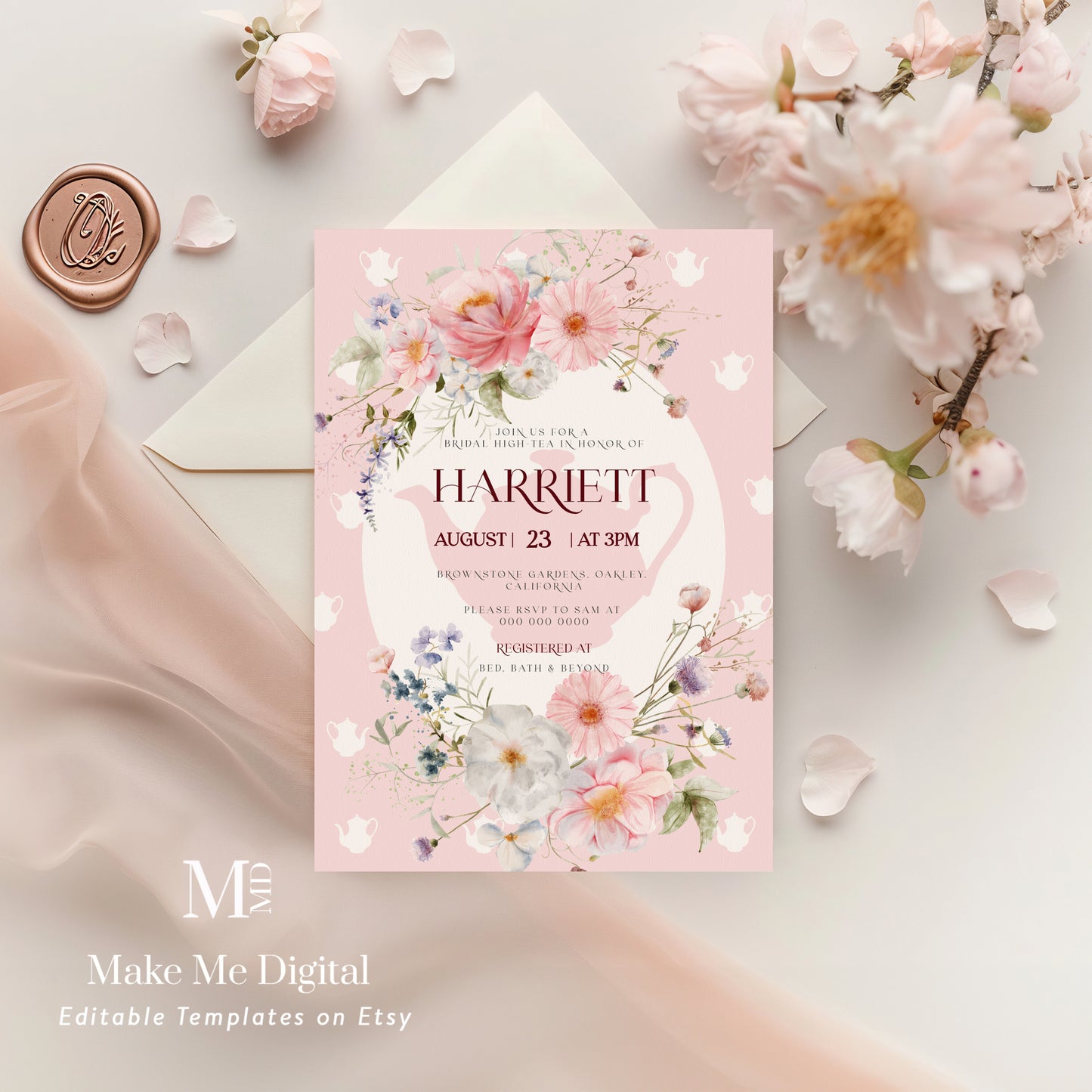 Bridal High Tea teapot Bridal Shower Invitation template - Make Me Digital: printable event invitations, party games & decor