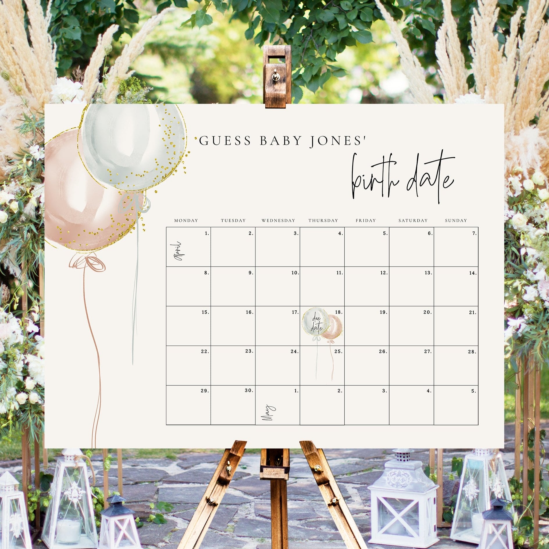 Pink Blue Balloon Gender Reveal Guess Baby's Due Date Game editable sign