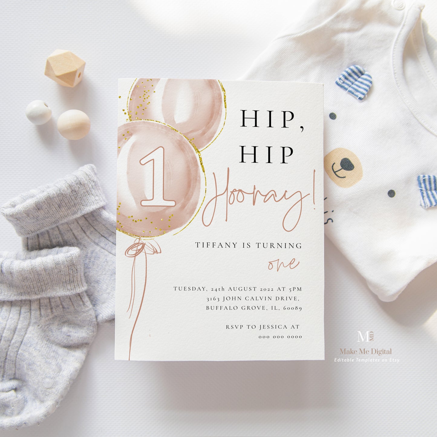 Pink Balloon Girl First Birthday Invitation