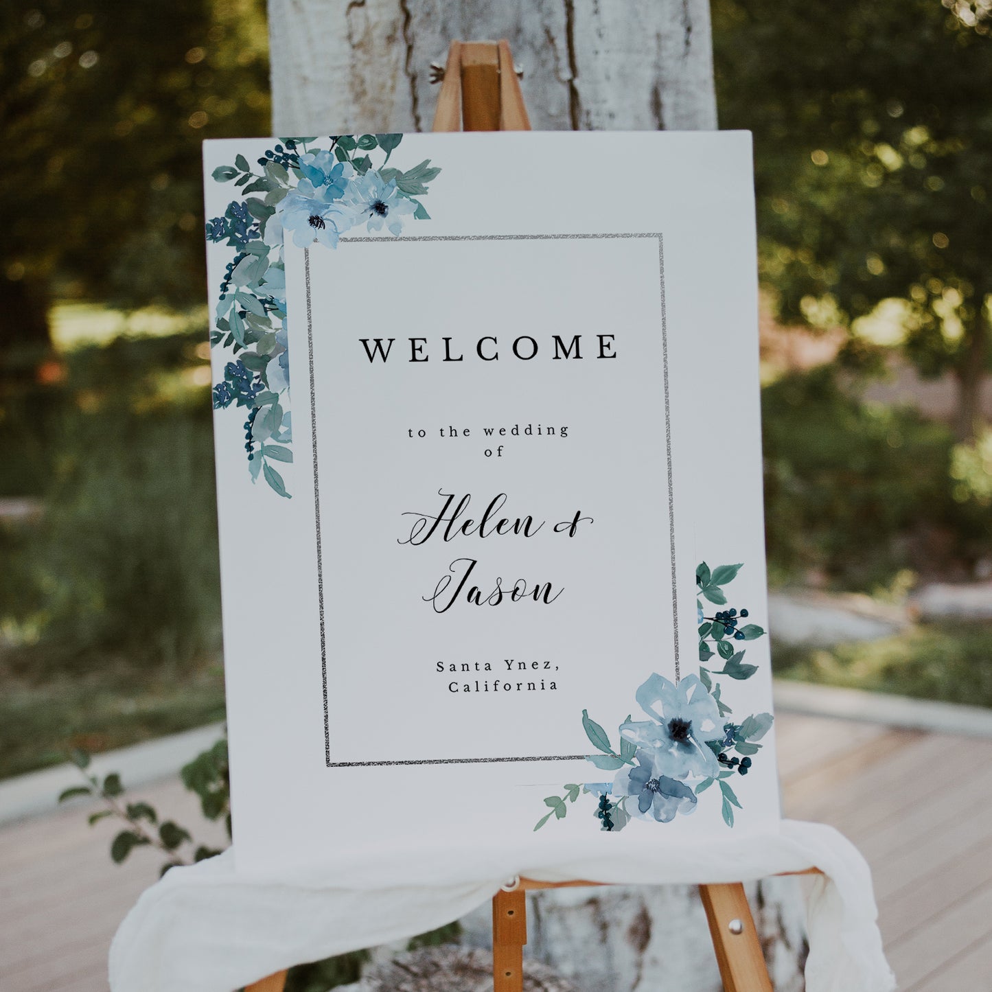 Blue Floral Wedding Welcome Sign