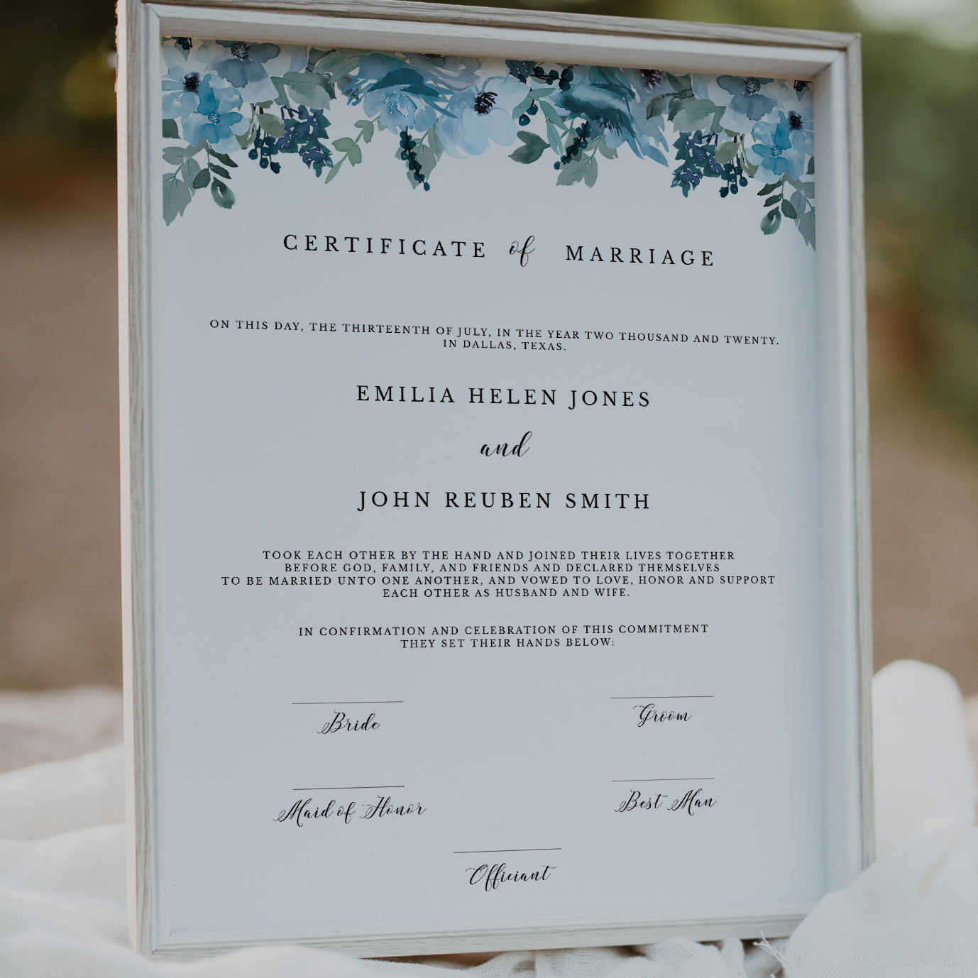 Blue Floral Marriage Certificate