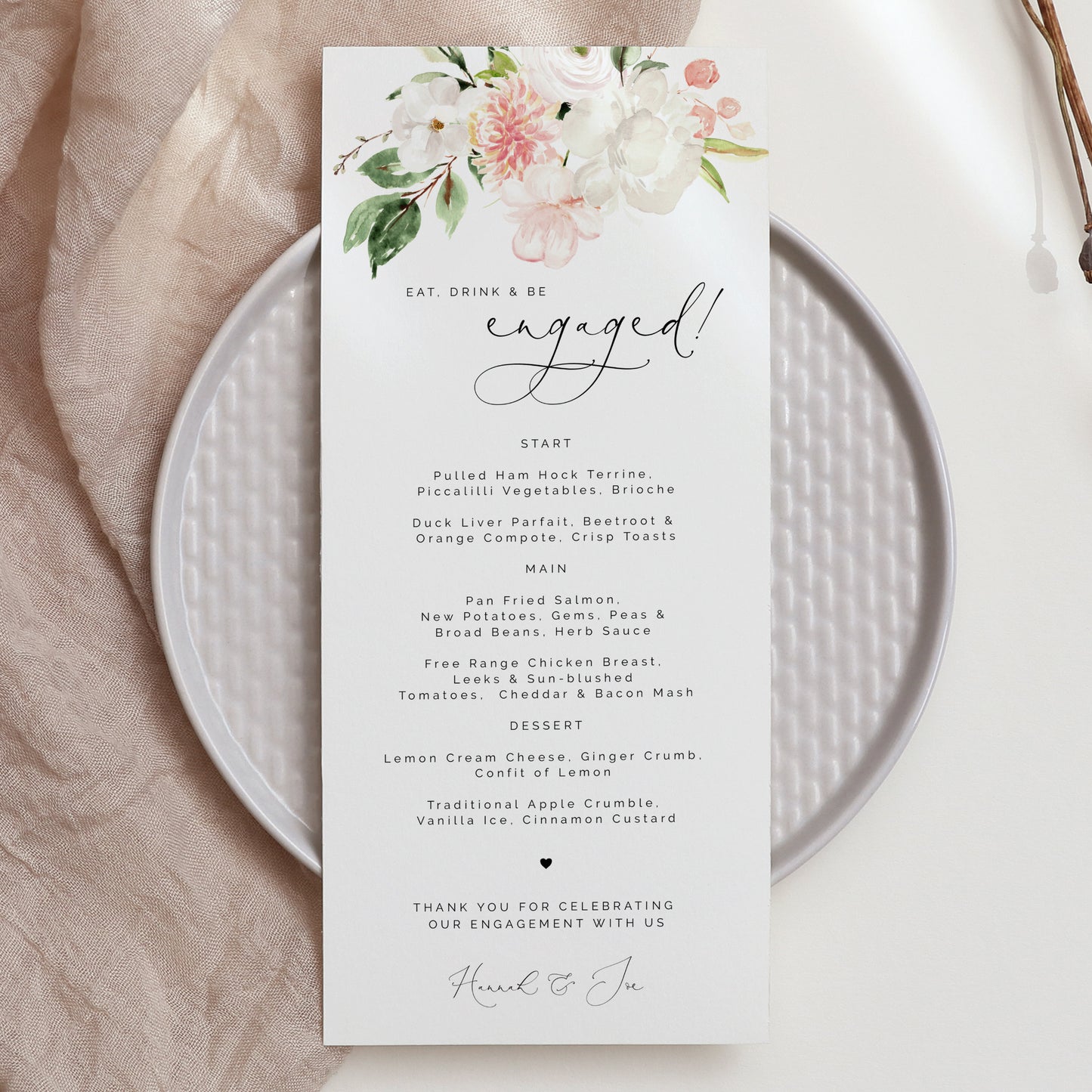 Blush Pink & White Floral Engagement Party Menu