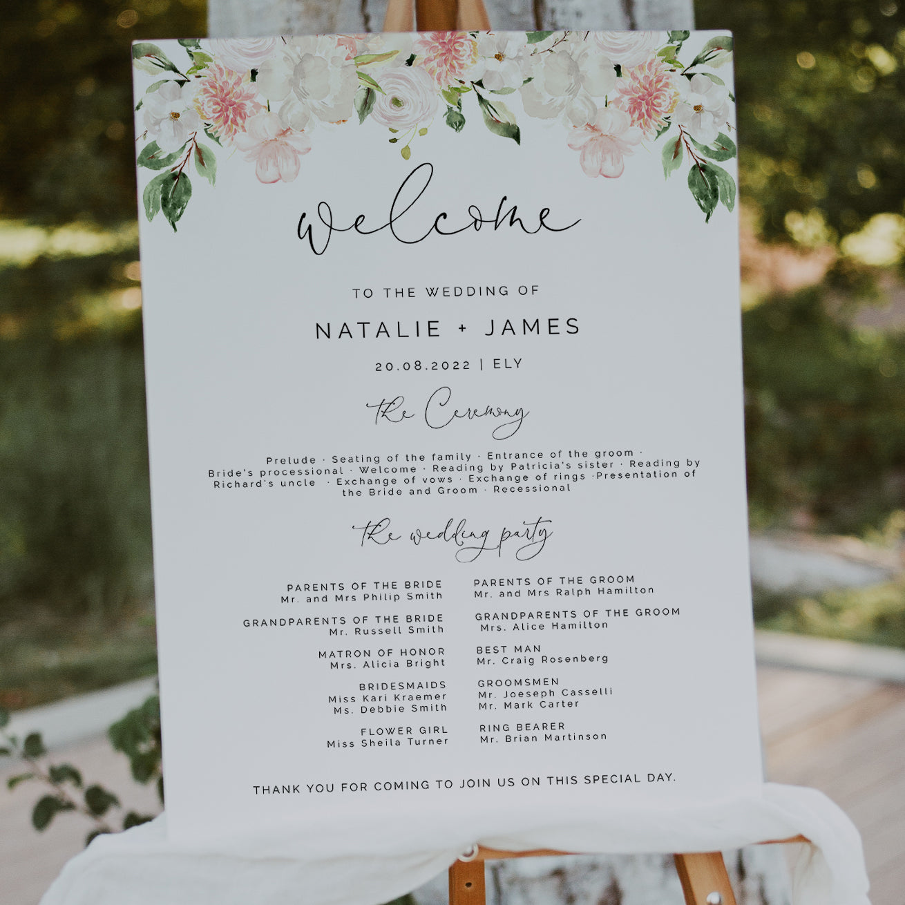 Blush Pink & White Floral Order of Service Sign