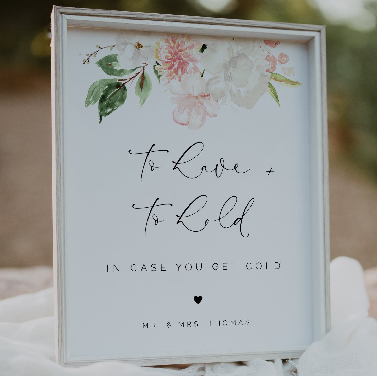 Blush Pink & White Floral Wedding Blanket Favor Sign