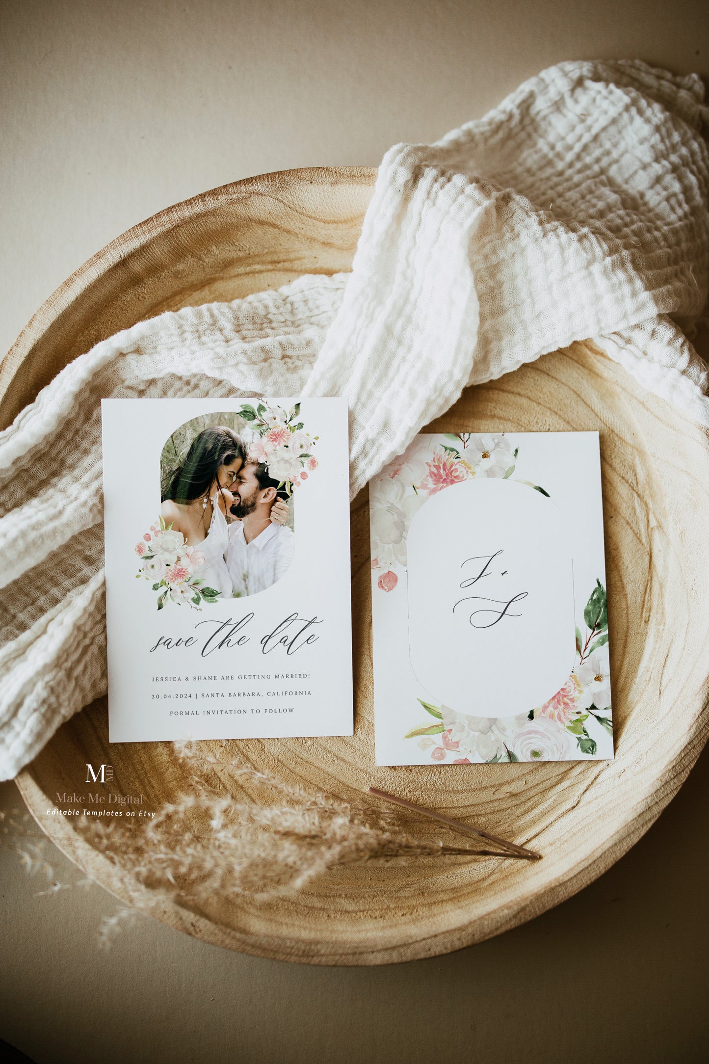 Blush Pink & White Floral Photo Save the Date