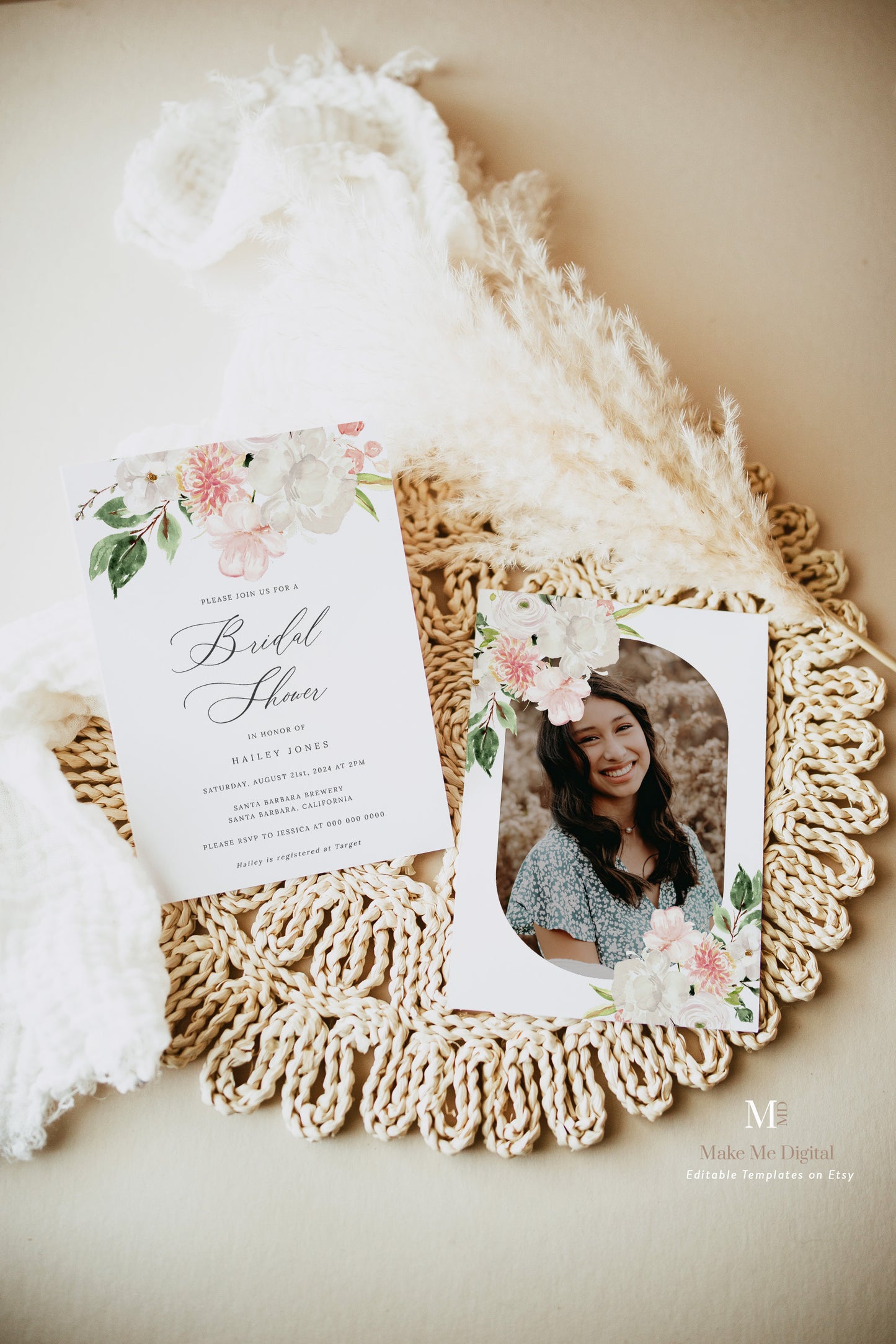 Blush Pink & White Floral Bridal Shower Invitation Single - Make Me Digital: printable event invitations, party games & decor