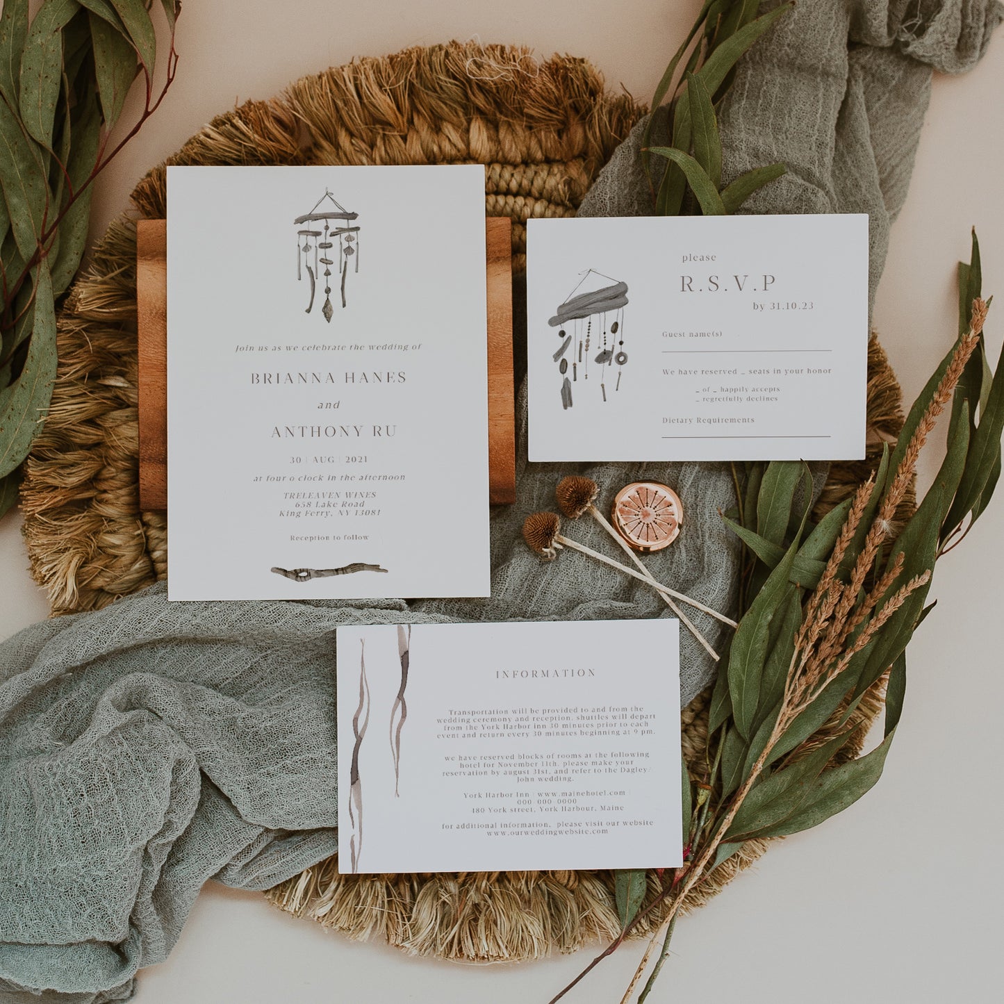 Bohemian Windchime Wedding Invitation Set of 3