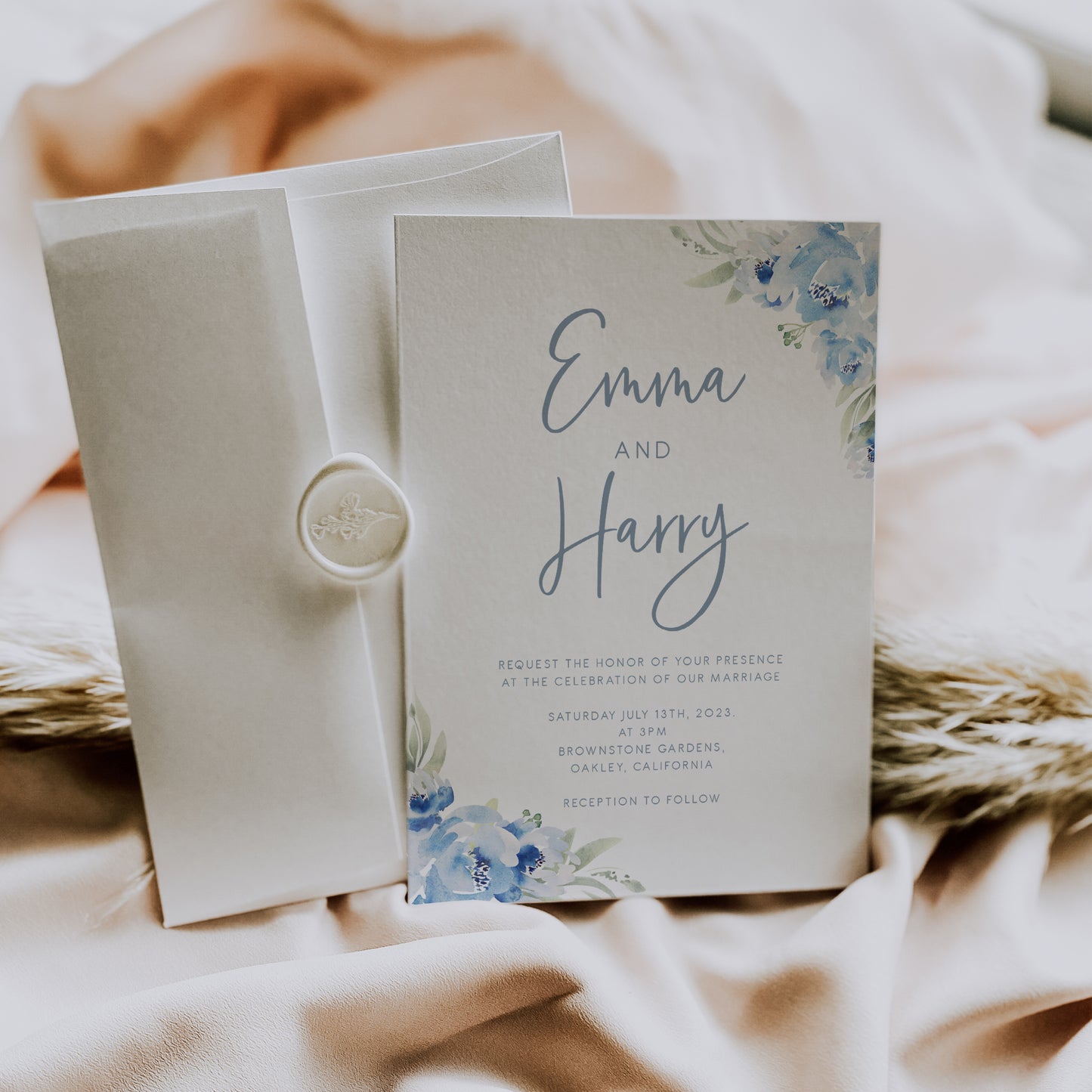 Dusky Blue Floral Wedding Invitation