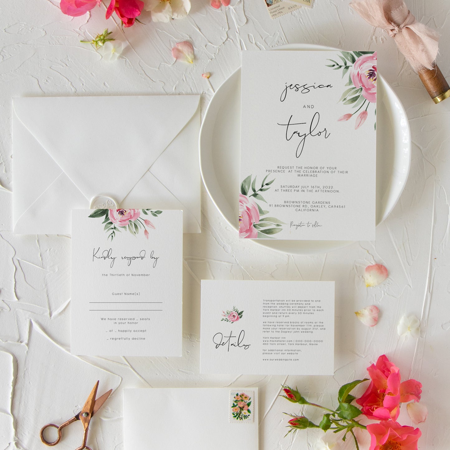 Serena Pink Peony Wedding Invitation Set of 3