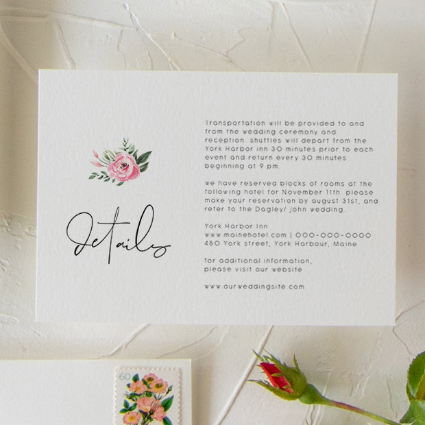 Serena Pink Peony Wedding Details Card