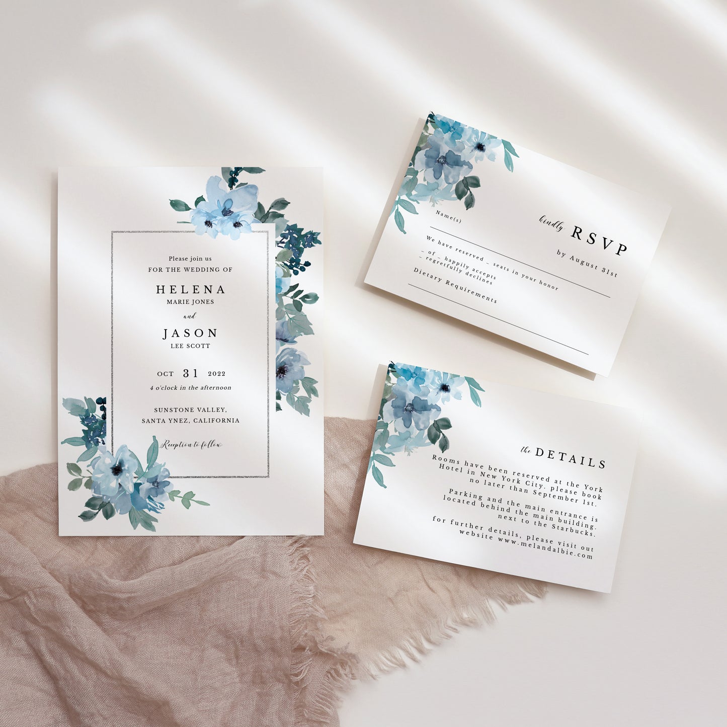 Blue Floral Wedding Invitation Set of 3