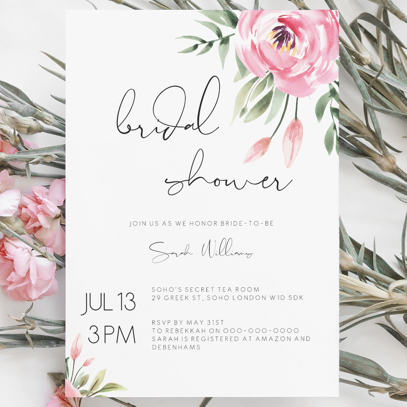 Serena Pink Peony Bridal Shower Invitation