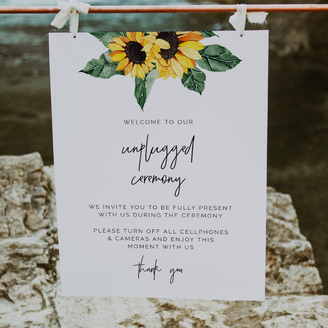 Sunflower Unplugged Wedding Ceremony Sign