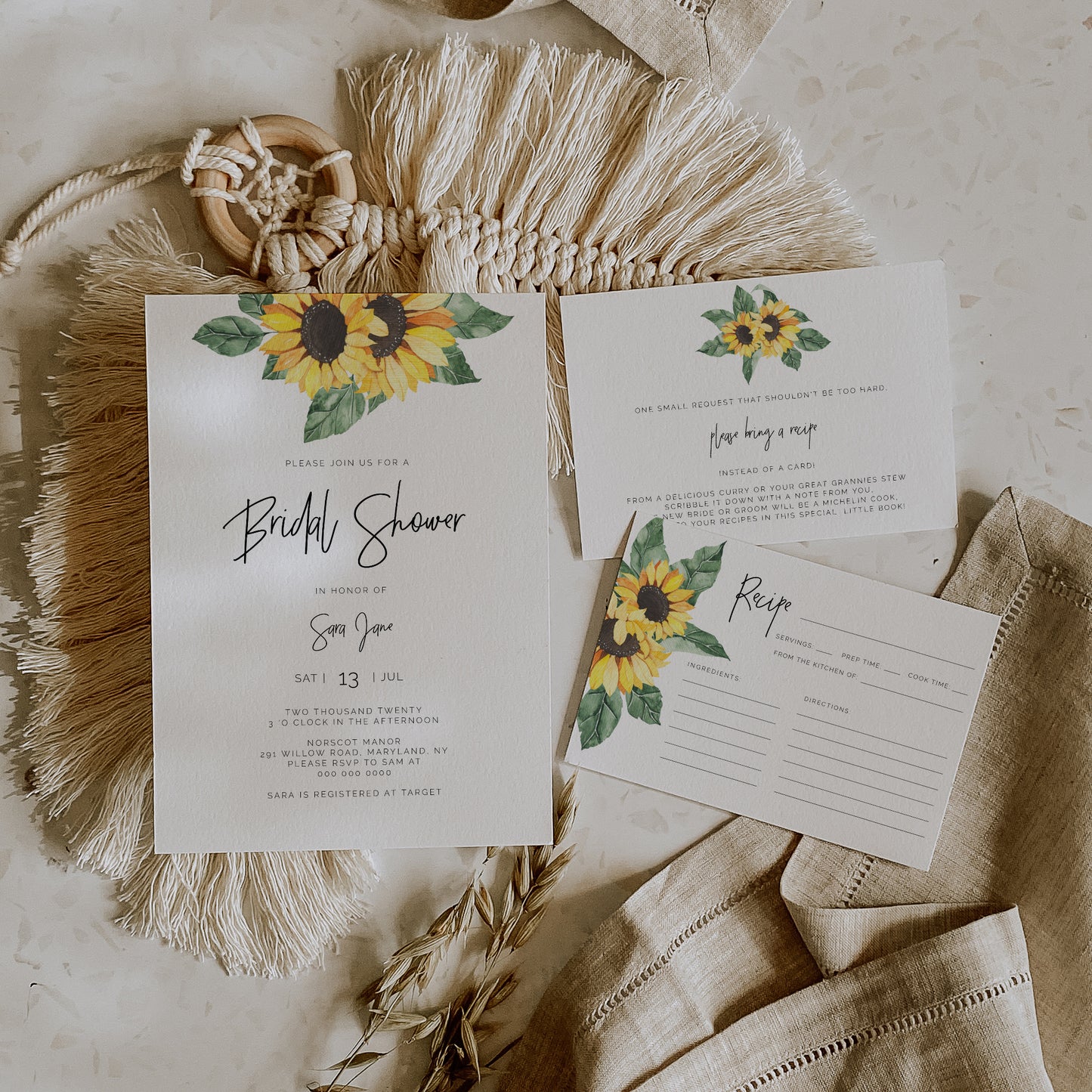 Sunflower Bridal Shower Invitation Set of 3