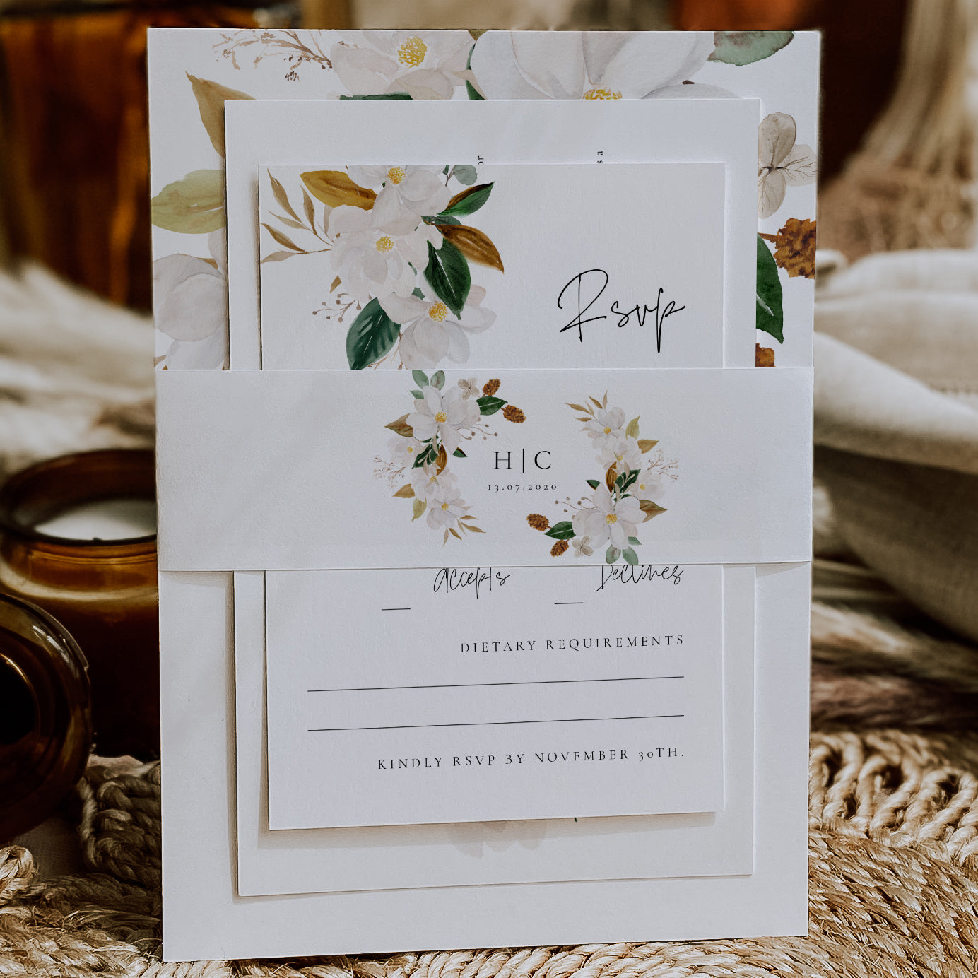White Magnolia Wedding Invitation Belly Band