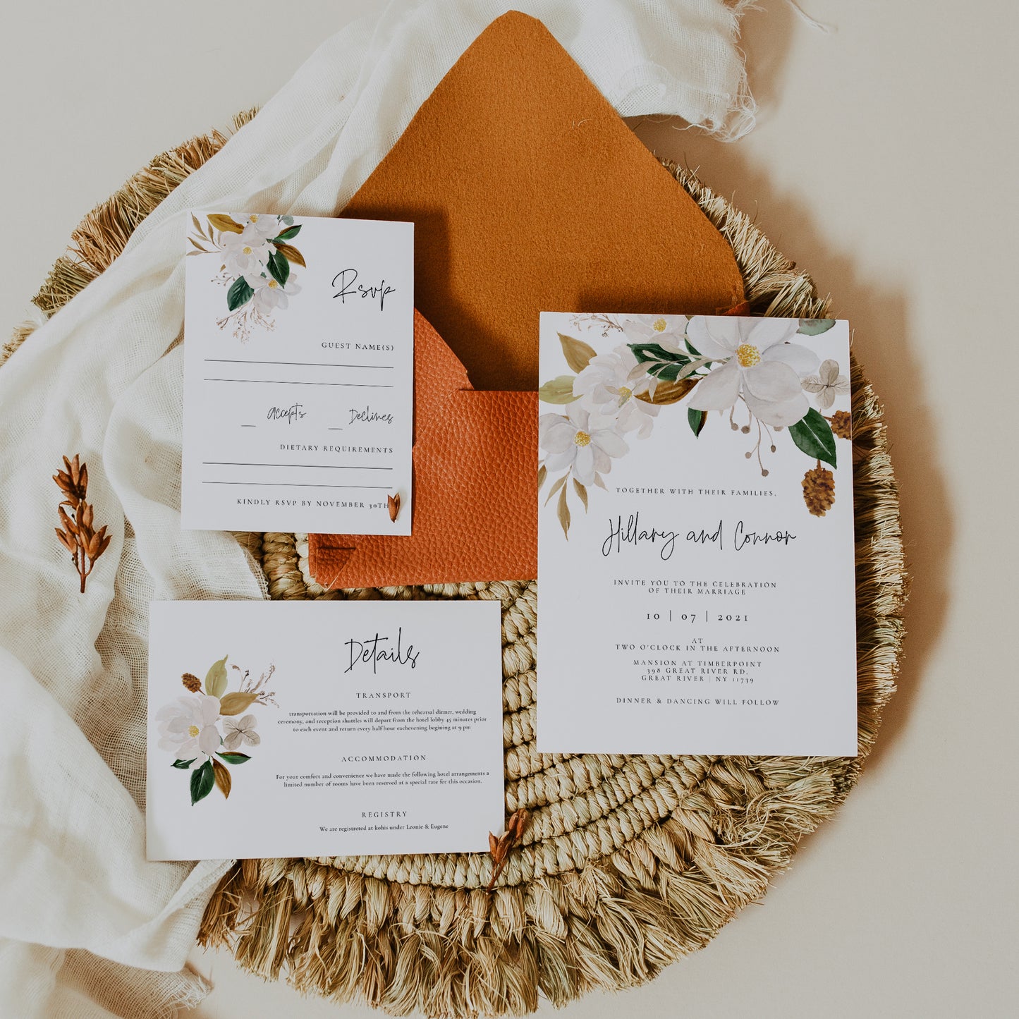 White Magnolia Wedding Invitation Set of 3