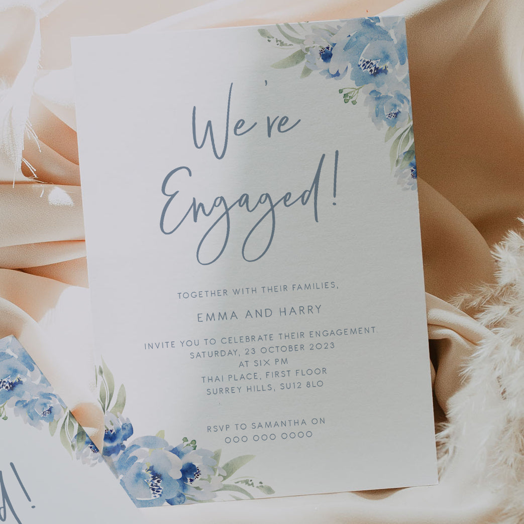 Dusky Blue Floral Engagement Party Invitation