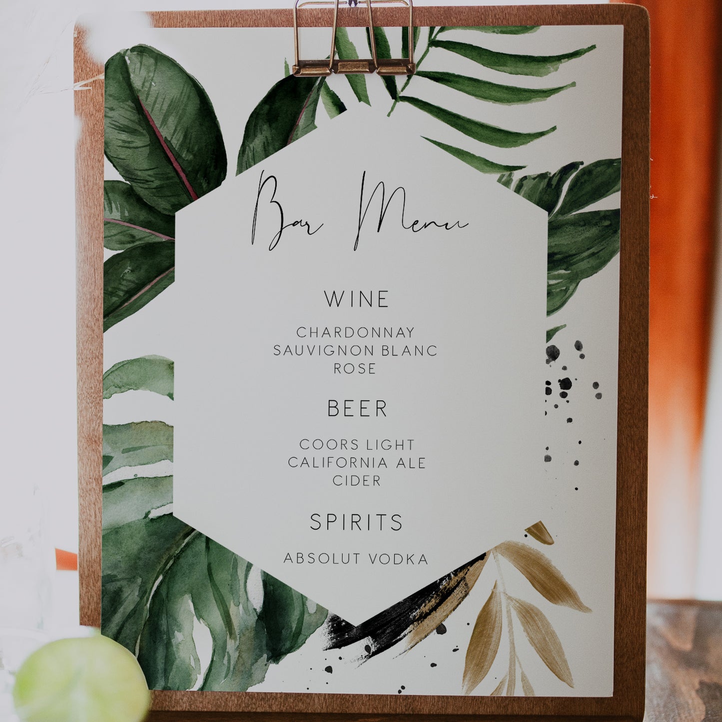 Tropical & Gold Wedding Bar Menu Sign