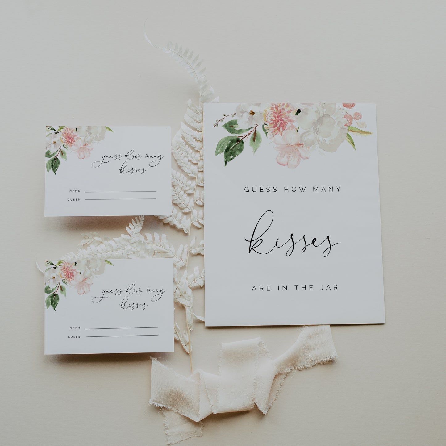 Blush Pink & White Floral Guess How Many Kisses Sign & Cards