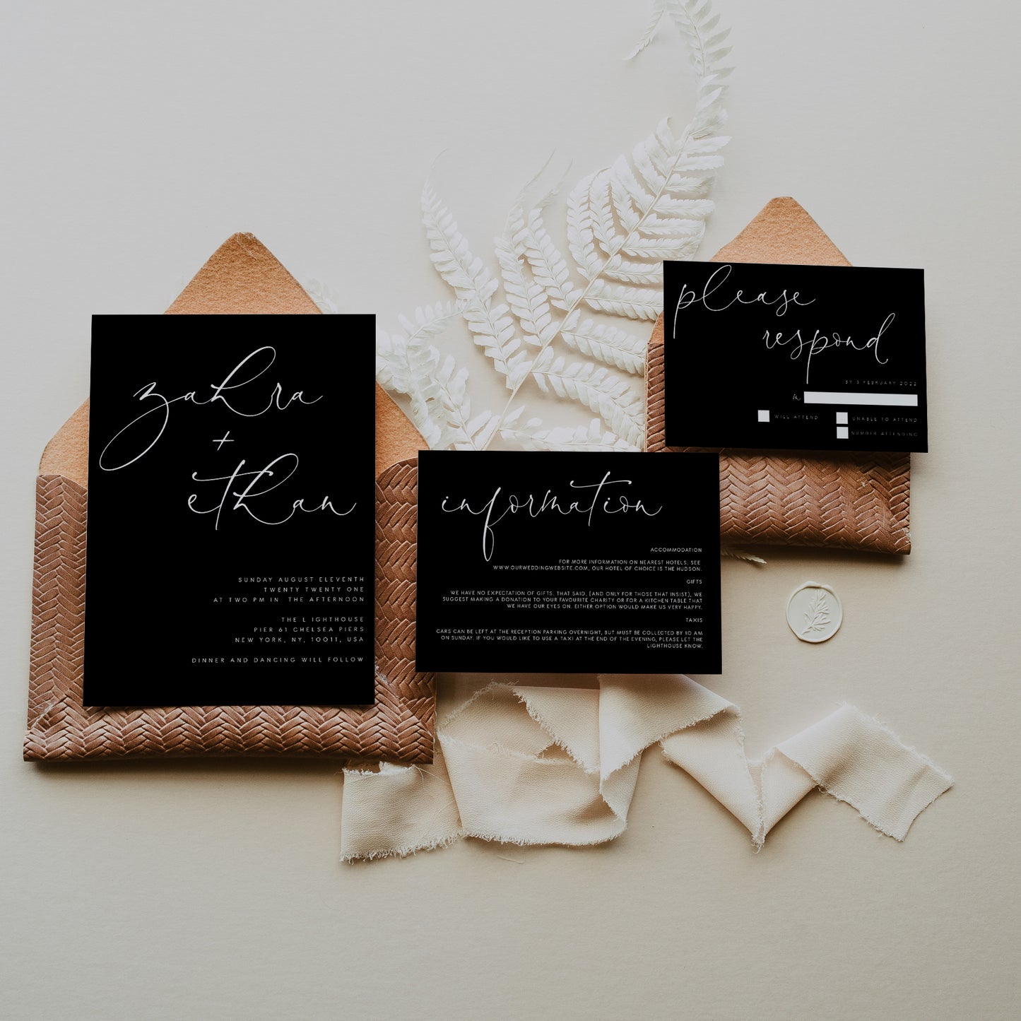 Contemporary Black Wedding Invitation Suite