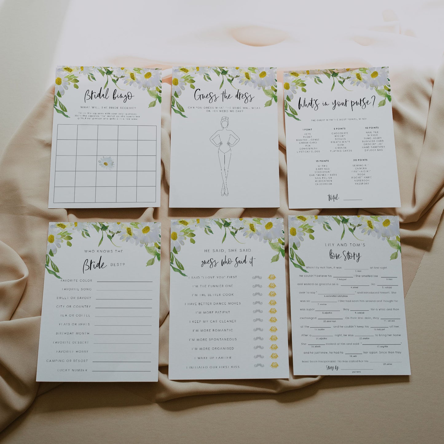 Delicate Daisy Bridal Shower Games Set of 6