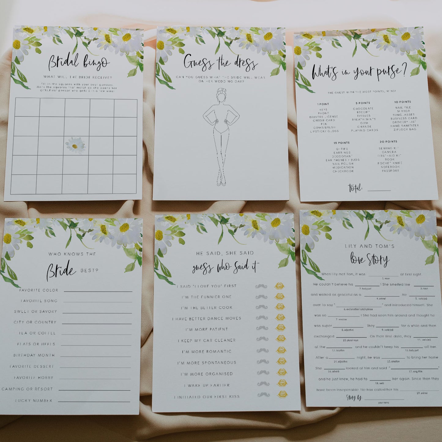 Delicate Daisy Bridal Shower Games Set of 6