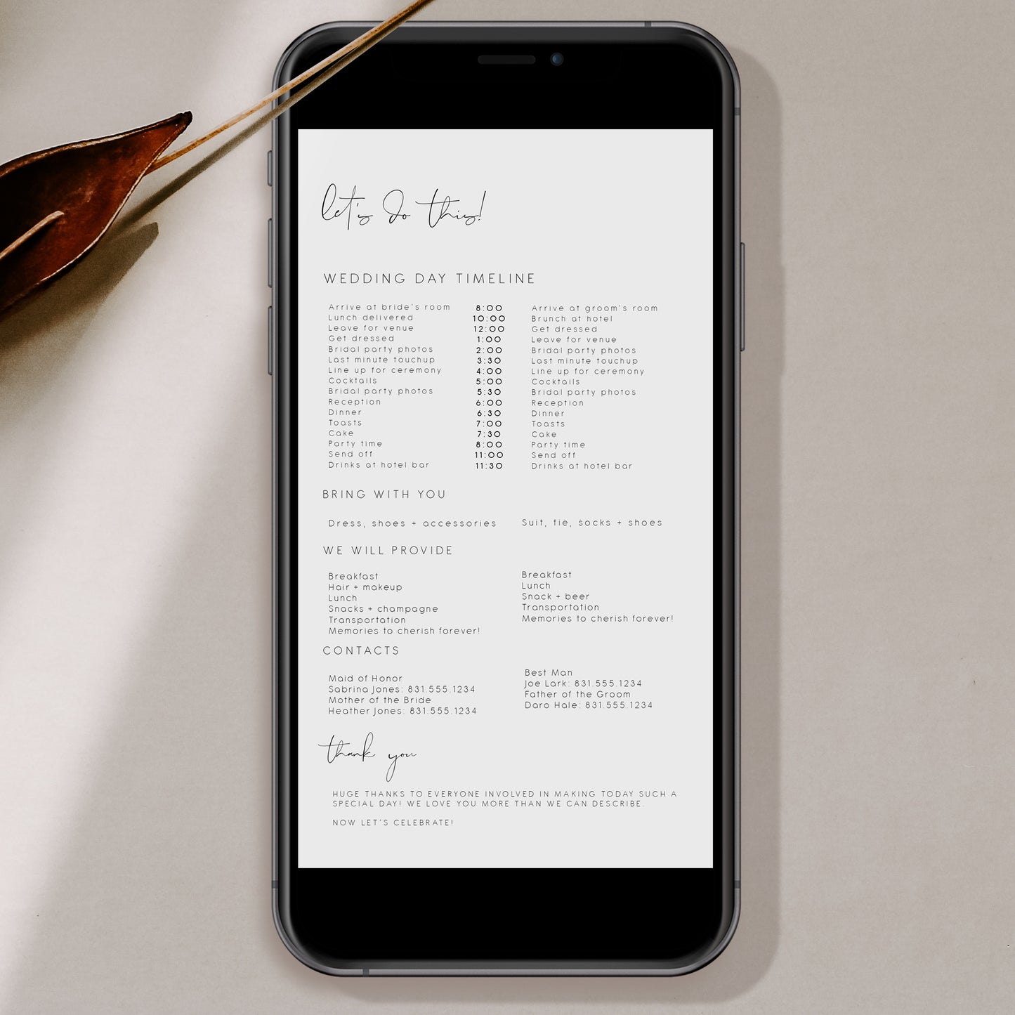 Elegant Wedding Day Timeline Evite