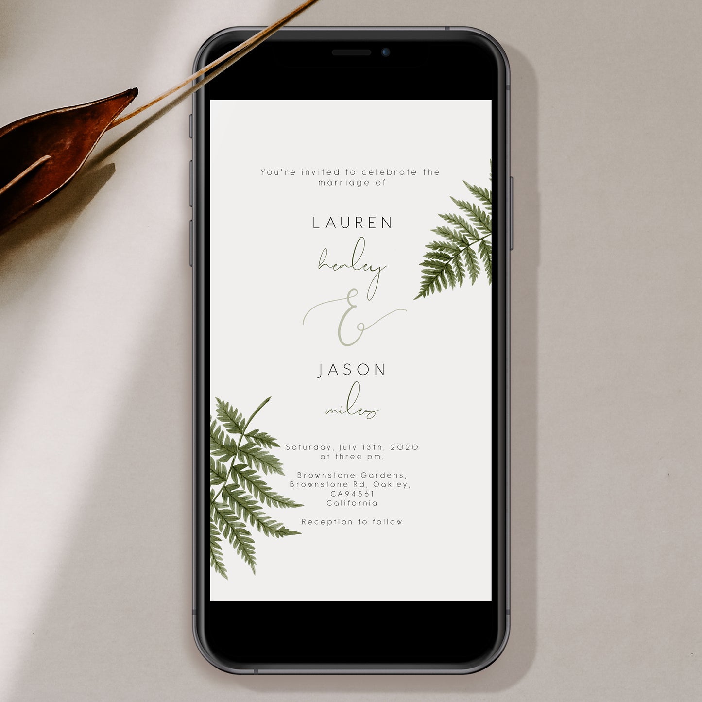 Watercolour Fern Wedding Invitation Evite