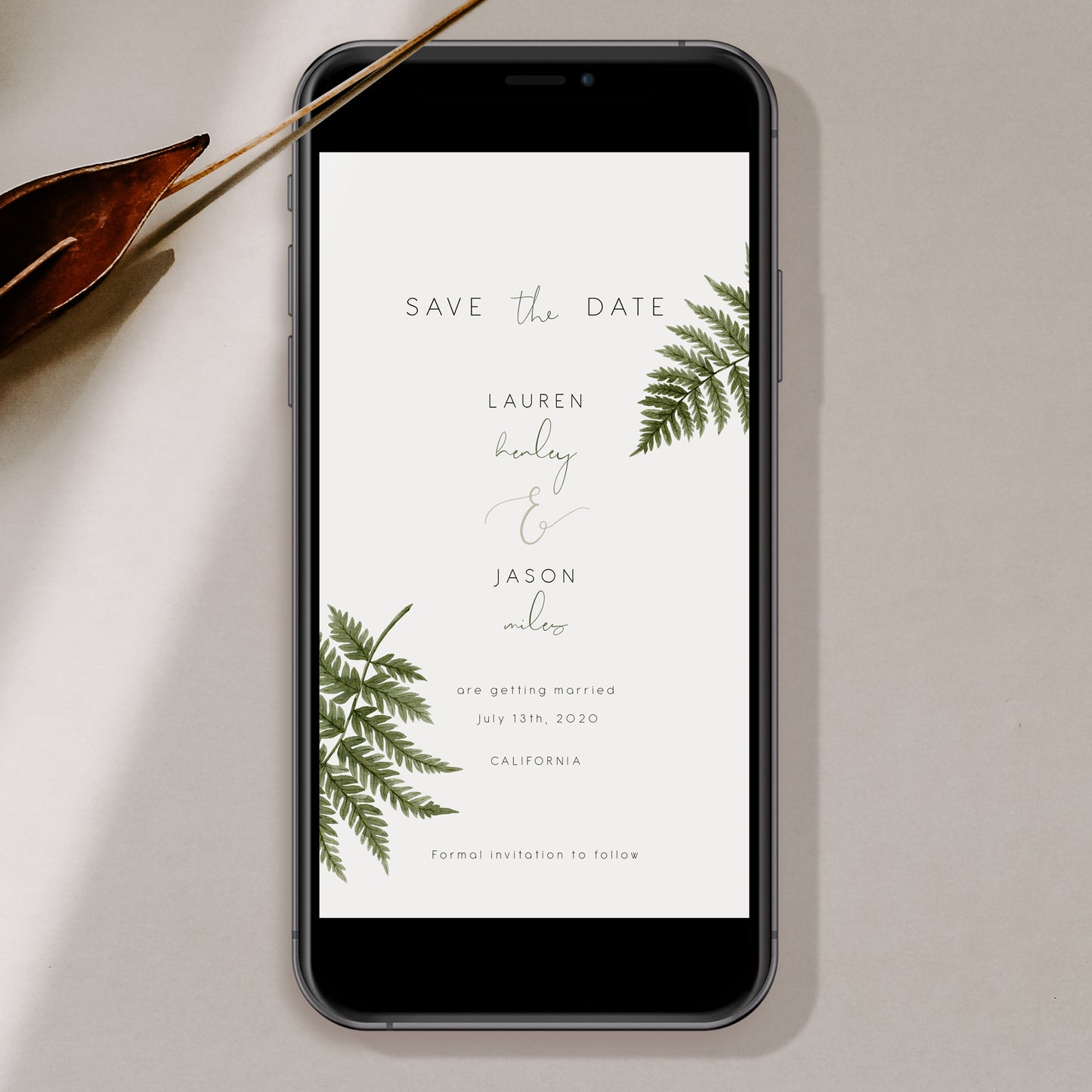 Watercolour Fern Wedding Save the Date Evite