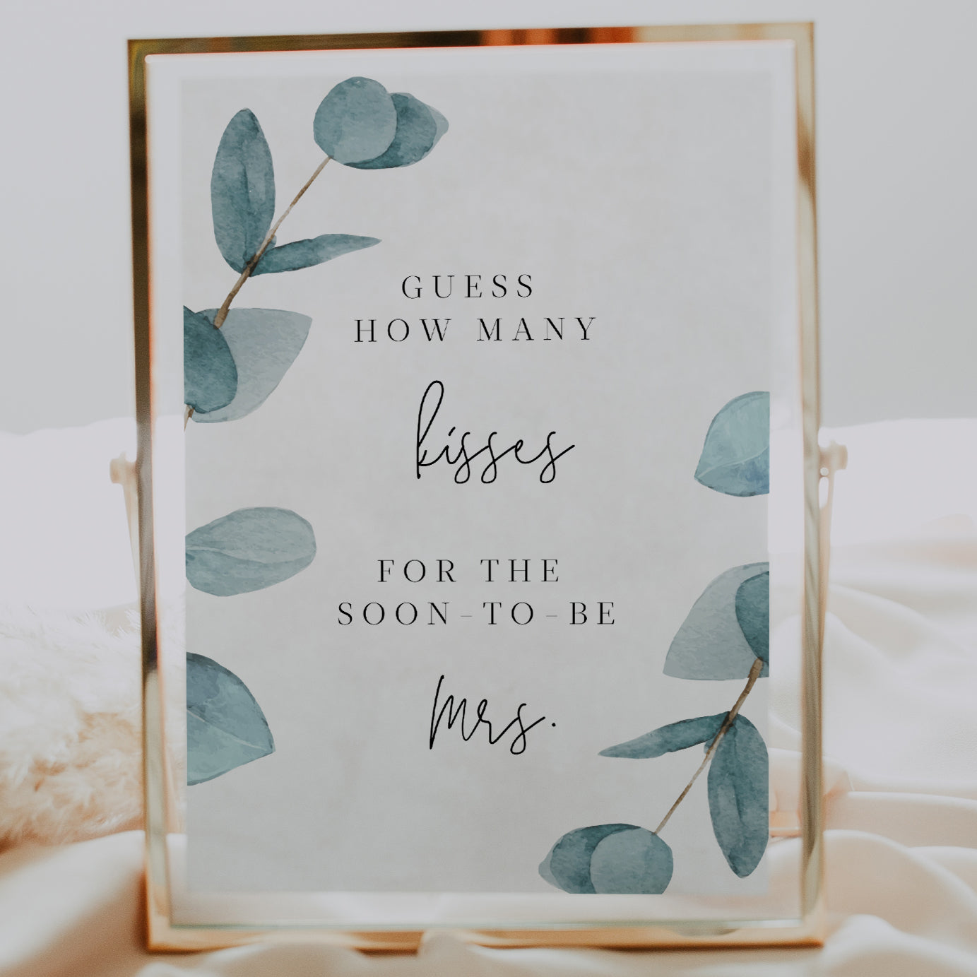 Blue Eucalyptus Guess How Many Kisses Sign - Make Me Digital: printable event invitations, party games & decor