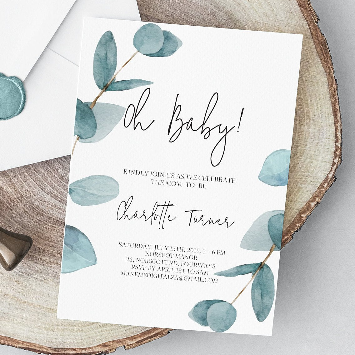 Nala Blue Eucalyptus Baby Shower Invitation