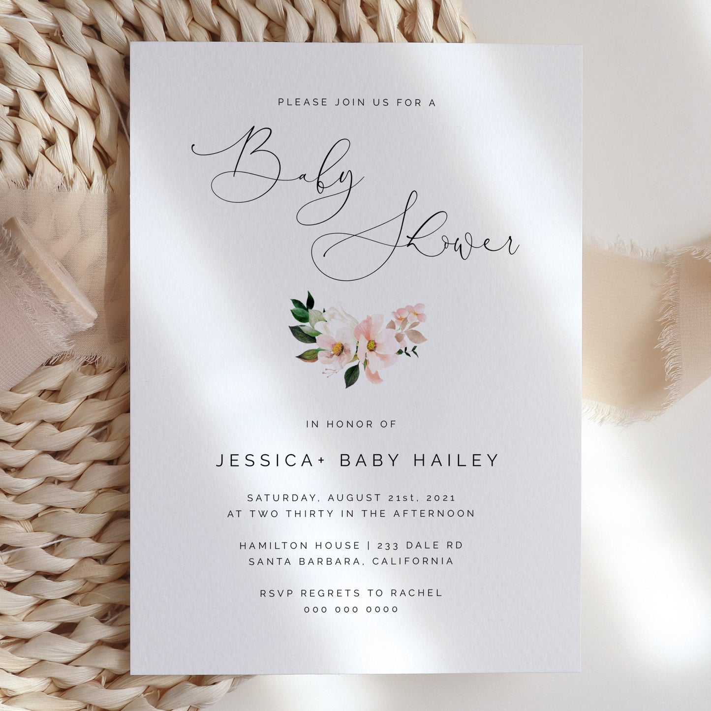 Pink hydrangea Baby Shower Invitation - Make Me Digital: printable event invitations, party games & decor