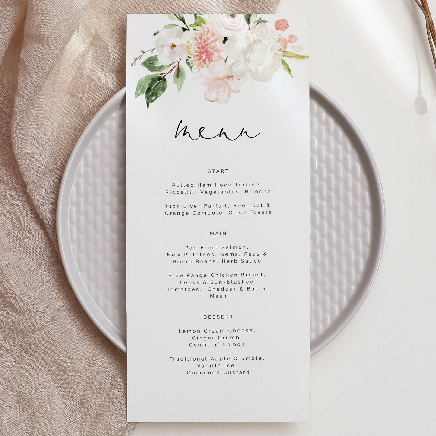 Blush Pink & White Floral Wedding Menu - Make Me Digital: printable event invitations, party games & decor