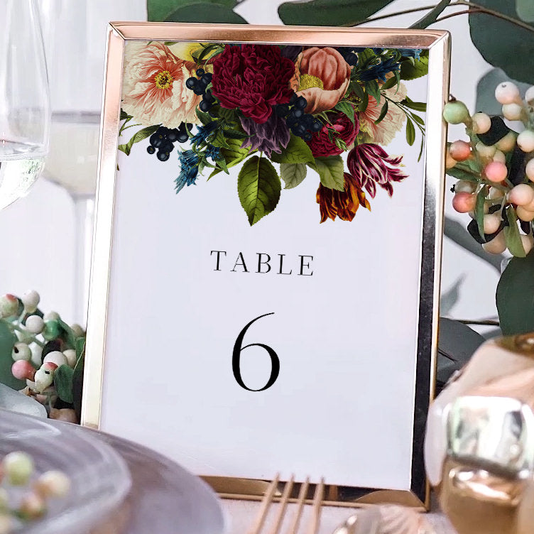 Burgundy Floral Table Numbers - Make Me Digital: printable event invitations, party games & decor