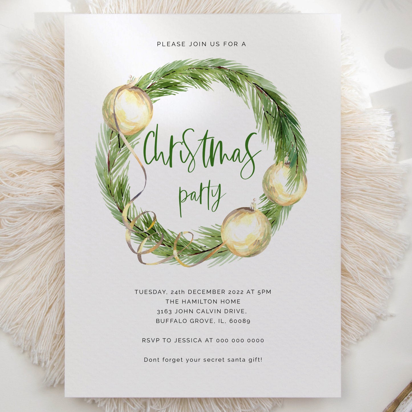 Green & Gold Christmas Party Invitation - Make Me Digital: printable event invitations, party games & decor