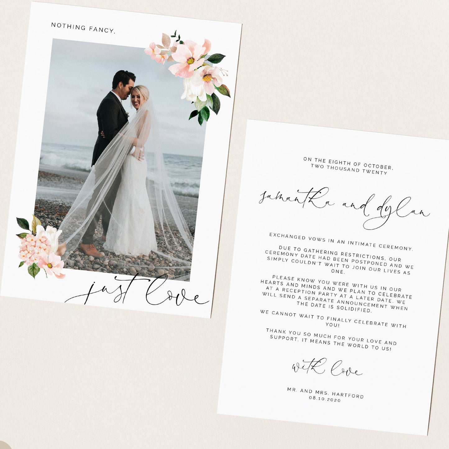 Pink Hydrangea Elopement Announcement - Make Me Digital: printable event invitations, party games & decor