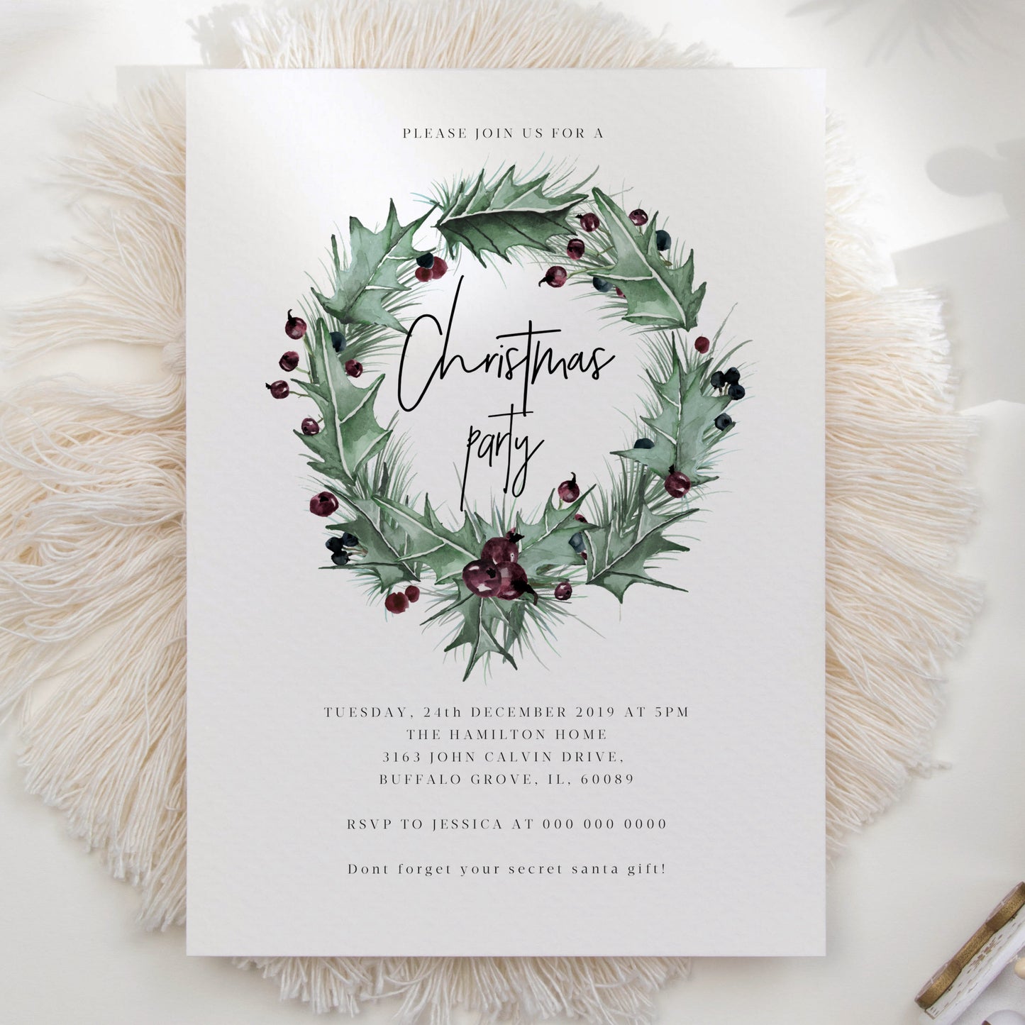 Rustic Holly Christmas Party Invite - Make Me Digital: printable event invitations, party games & decor