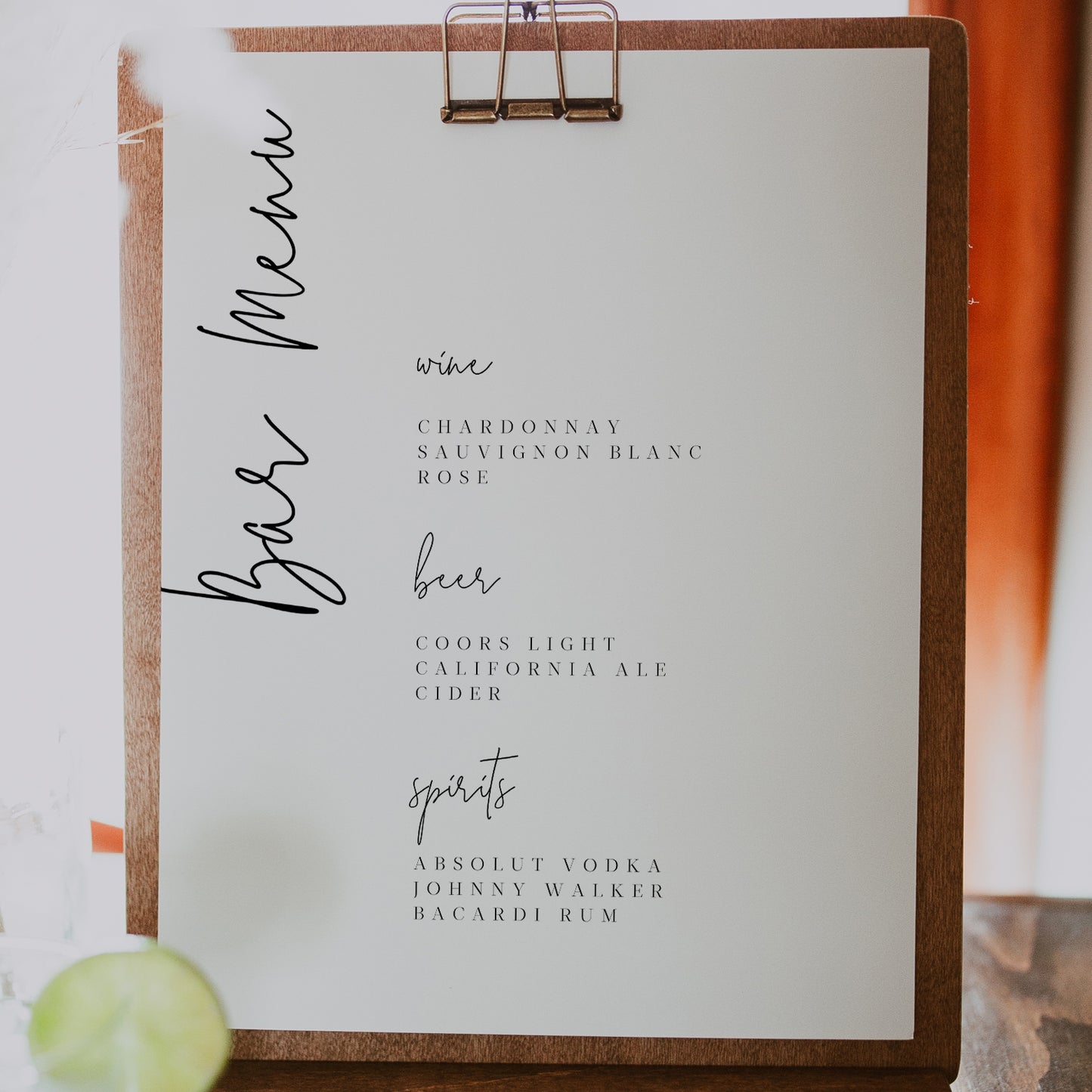 Modern Calligraphy Wedding Bar Menu Sign