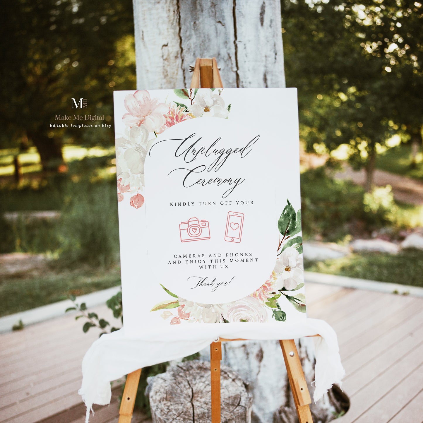 Blush Pink & White Floral Unplugged Ceremony Sign