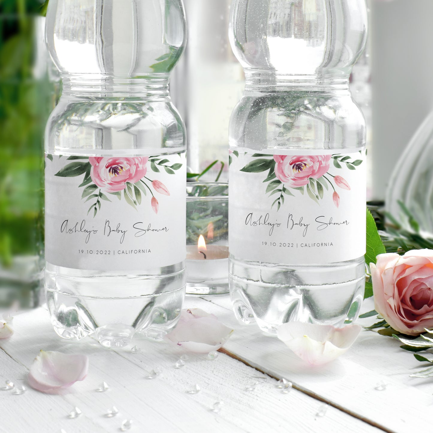 Serena Pink Peony Water Bottle Label