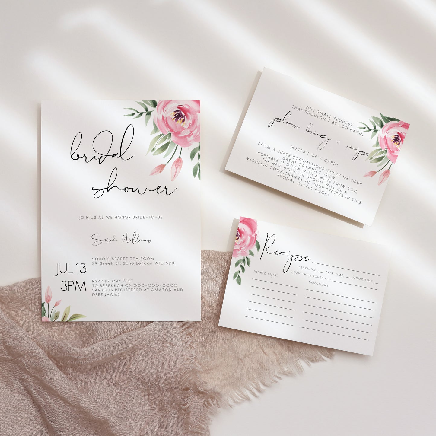 Serena Pink Peony Bridal Shower Invitation Set of 3