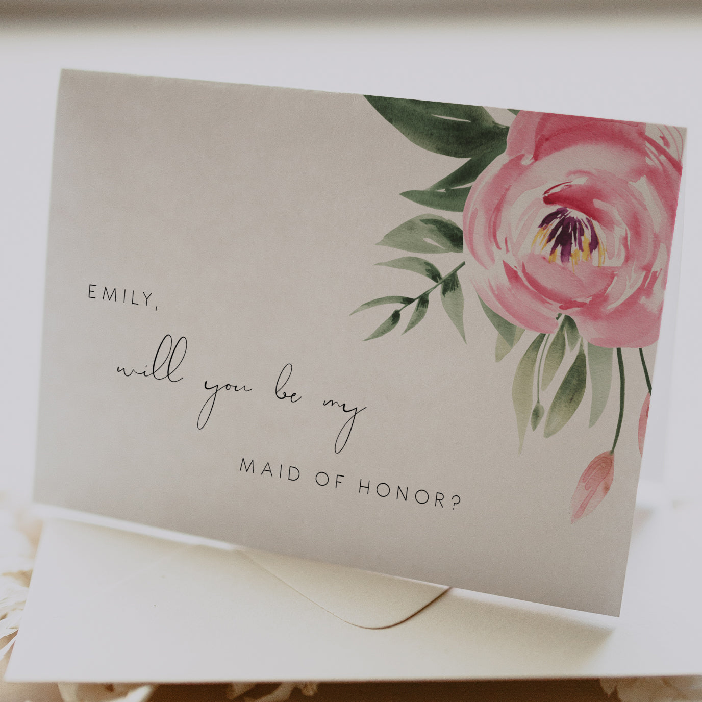 Serena Pink Peony Will You Be My Bridesmaid Card