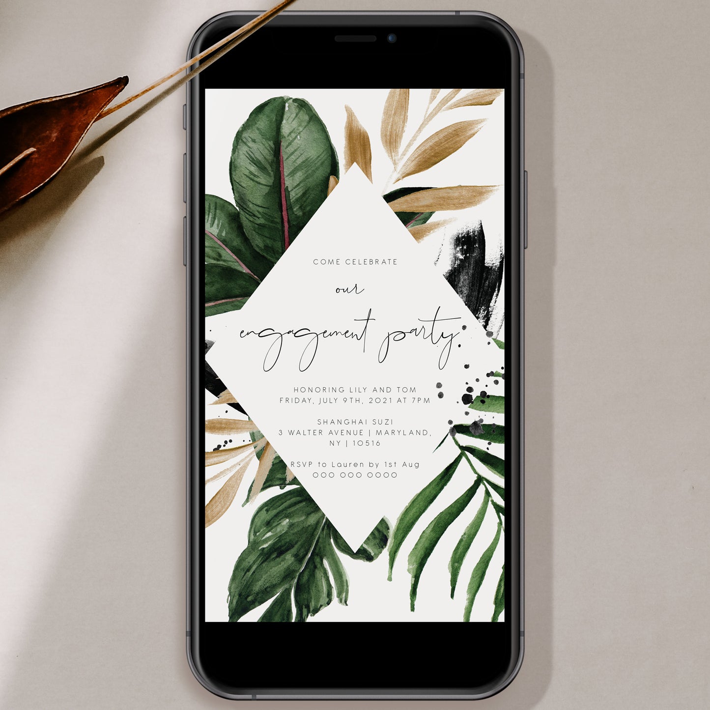 Tropical & Gold Engagement Party Evite