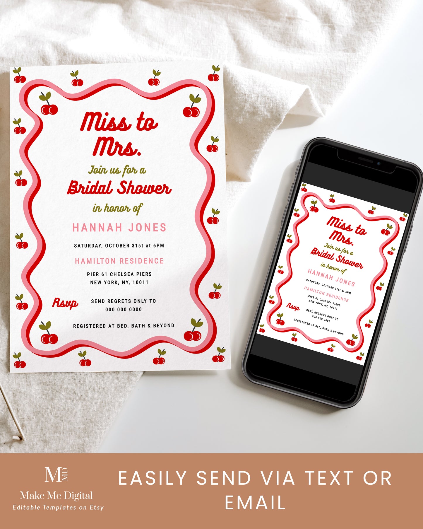 Miss to Mrs Retro Cherry Bridal Shower Invitation template