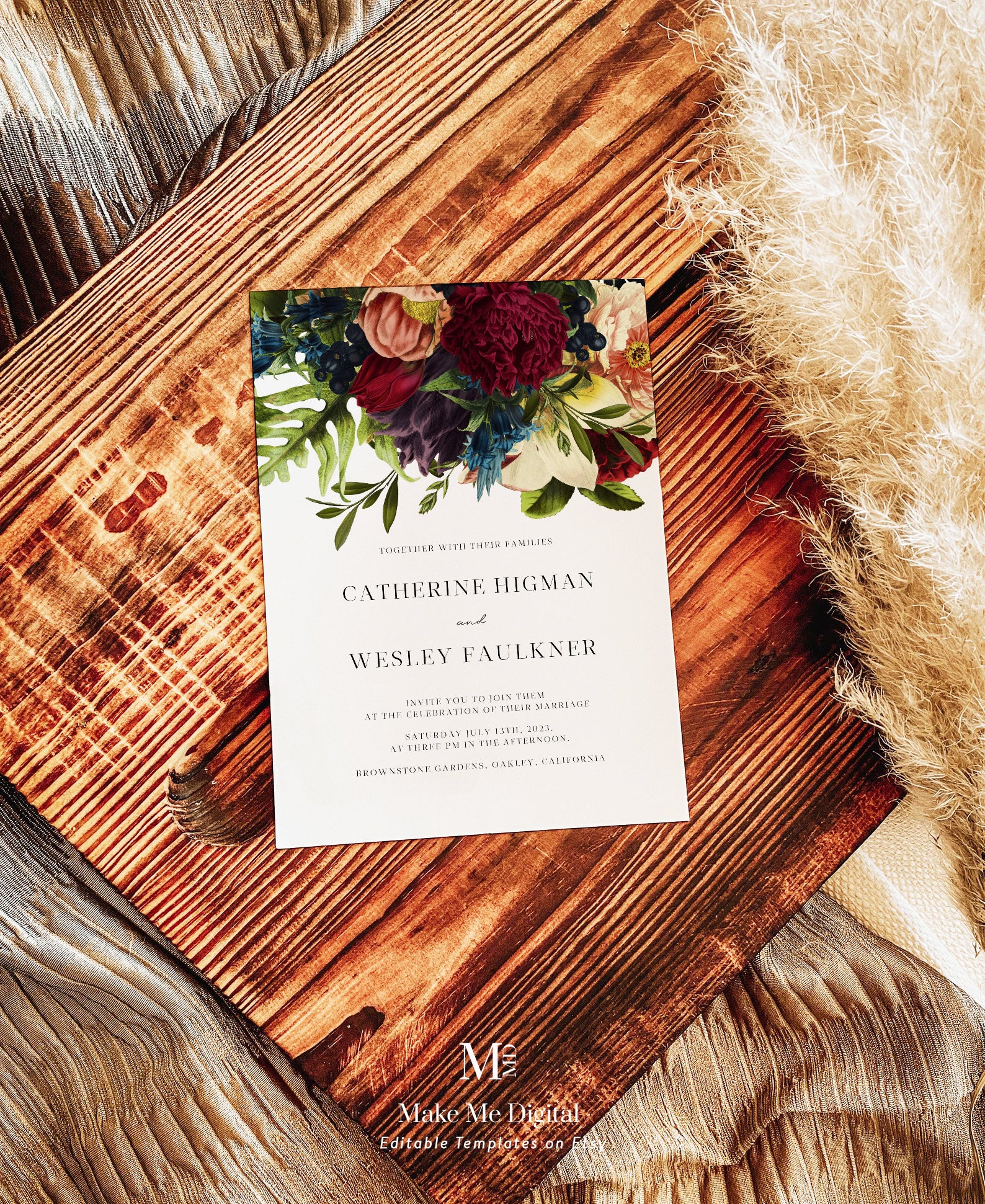 Burgundy floral wedding invitation template | Beachweddingtips.com