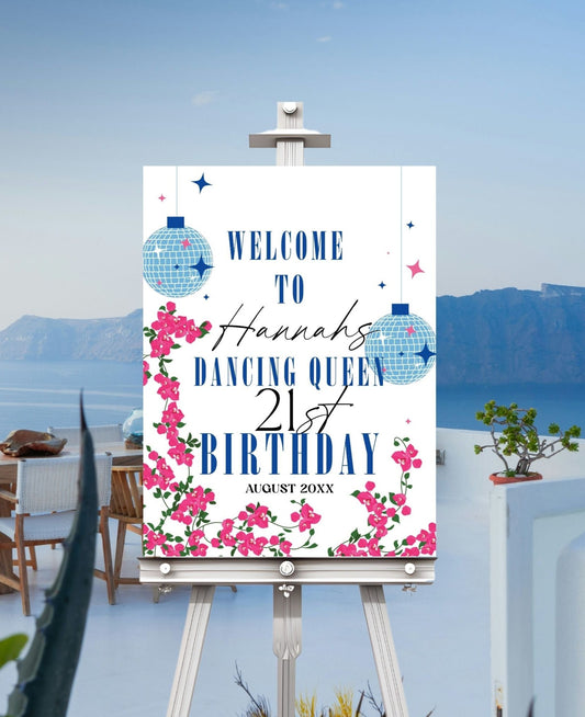 21st Birthday Dancing Queen Welcome Sign & Mediterranean Blue Tile template